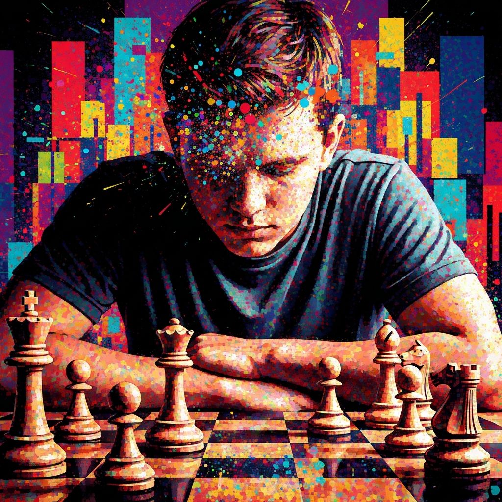 Jugador de ajedrez en estilo puntillismo con explosión de colores