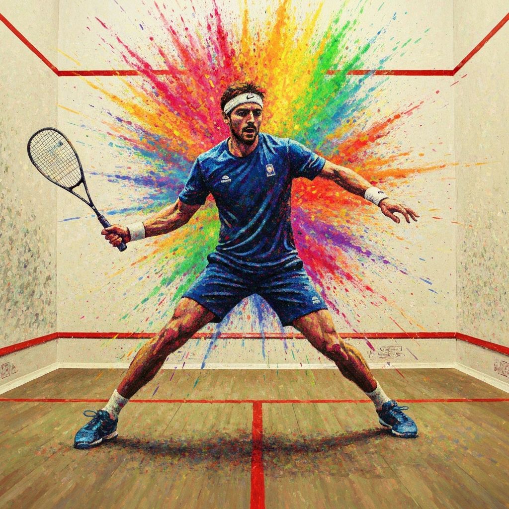 Jugador de squash en estilo puntillismo con explosión de colores