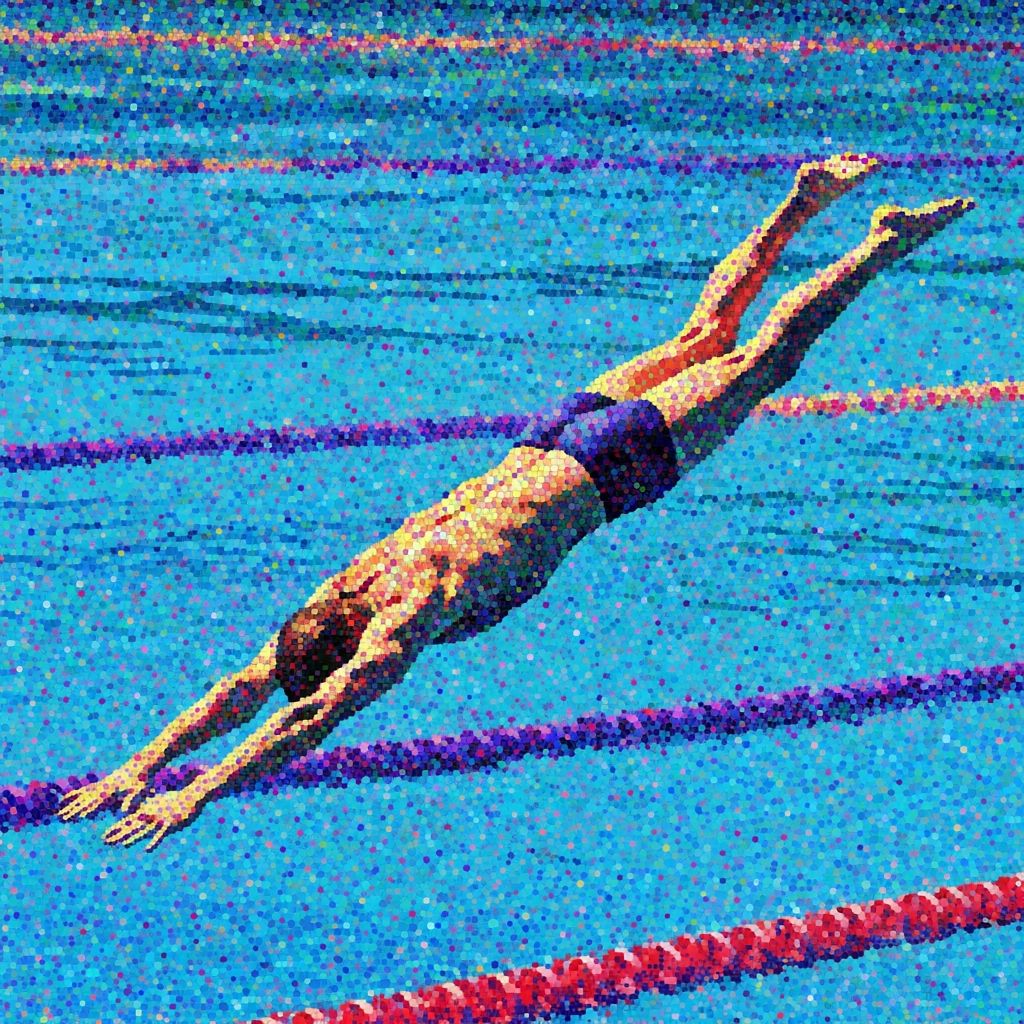Nadador en estilo puntillismo con explosión de colores vibrantes